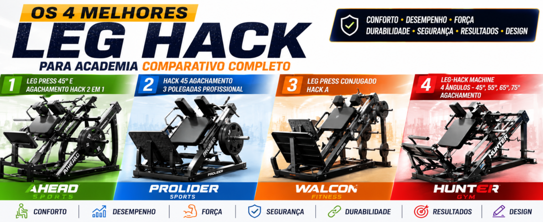Os 4 Melhores Leg Hack para Academia Comparativo Completo Entre Ahead Sports,        ProLider, Walcon Fitness e Hunter Gym.